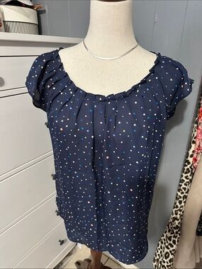 LC Lauren Conrad Navy Multicolor Polka Dot Blouse